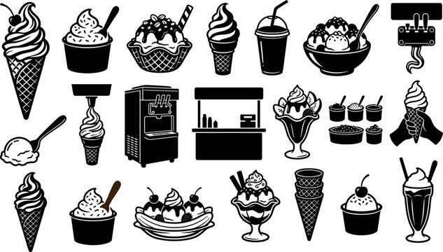 Set of ice cream icons, including soft serve, sundaes, cones, milkshake, and ice cream machine