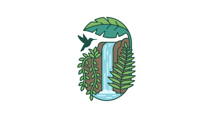 Lush Tropical Waterfall with Hummingbird and Ferns - Nature Illustration © ibnu