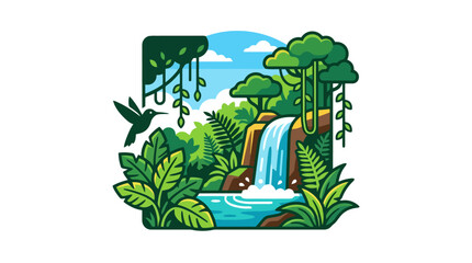 Vibrant Jungle Waterfall with Hummingbird and Lush Greenery © ibnu