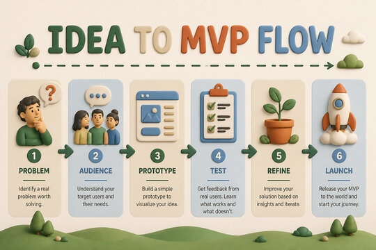 A diagram illustrates the six-step Idea to MVP flow, detailing stages from Problem identification to Launch.