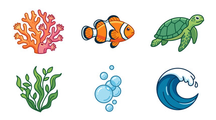 Ocean Life Icons: Coral, Clownfish, Turtle, Seaweed, Bubbles, Wave © ibnu