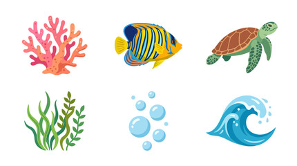 Colorful Underwater Coral Reef Scene with Fish, Turtle, Seaweed, Bubbles, and Wave © ibnu
