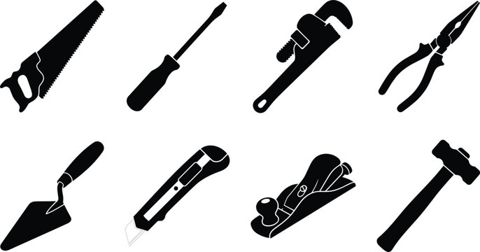 Hand tools and carpentry hardware vector icons set featuring hand saw screwdriver pipe wrench pliers trowel utility knife plane and hammer silhouettes