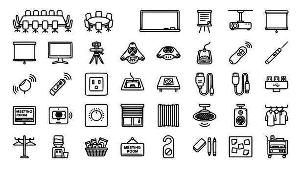 Meeting room and conference equipment outline icons | Boardroom furniture projector screen speaker microphone editable stroke collection on white