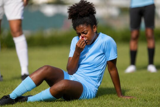 Young female soccer player sitting on field holding nose after sports injury