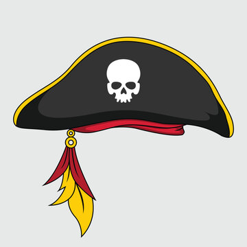 Pirate Bicorn Hat Vector Illustration with Skull Crossbones Symbol and Red Yellow Tassel