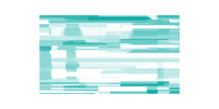 Abstract digital glitch background with teal and white horizontal lines and pixelated noise texture isolated on transparent background