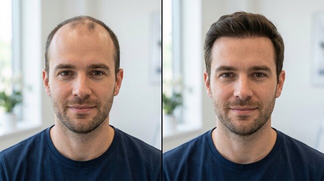 Hair restoration before and after comparison, Split screen portrait of young Caucasian man before and after hair restoration treatment, frontal view, indoor natural light, neutral background, realisti