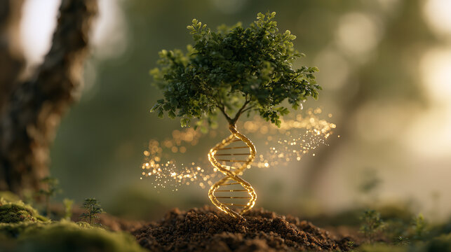 Concept of genetic engineering with DNA tree symbolizing biotechnology sustainability and future of life