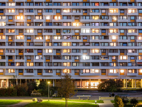 Germany, Baden-Wurttemberg, Stuttgart, Balconies of apartment building in Hallschlag district at dusk