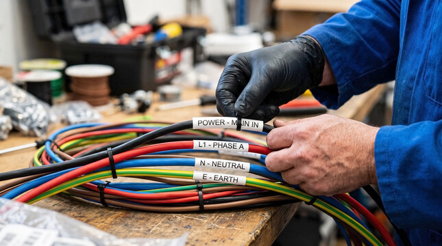 Worker performs accurate cable labeling, applying identification markers to multicolored wires. Gloved hands manage organized electrical wiring during precise industrial marking.