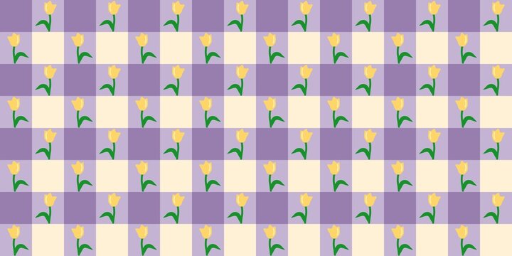 ​Cute seamless checkered pattern with yellow tulip flowers on purple and cream plaid background. Perfect for spring fabric, wrapping paper, wallpaper.