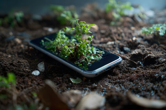 Green plants growing out of a smartphone screen lying on fertile soil, symbolizing green technology, eco-friendly innovation, and environmental sustainability.