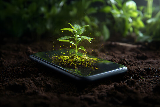 Green plant growing from a smartphone screen on rich soil, representing green technology, digital agriculture, and environmental sustainability.