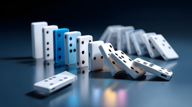 Domino effect concept with falling white and blue tiles in a chain reaction on a dark reflective surface, representing cause and effect, risk management, and crisis.