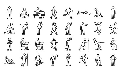 Obraz premium Modern Human Activity Icons Set with People Standing Sitting Walking Running and Everyday Action Poses