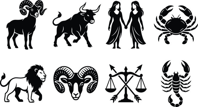 Zodiac sign silhouette vector icon set featuring astrology symbols for horoscopes and mystical tattoo designs