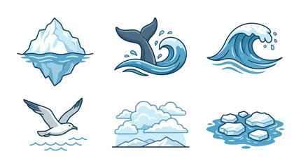 Arctic Icons Set: Iceberg, Whale Tail, Wave, Seagull, Clouds, Ice Floes © shit