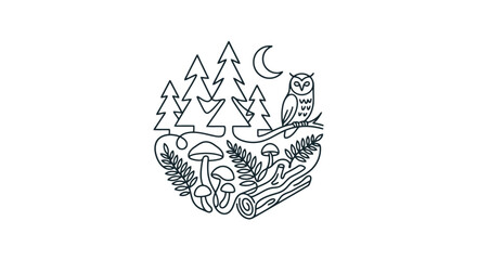 Whimsical Forest Circle: Owl, Mushrooms, Trees, Moon, and Nature Elements © shit
