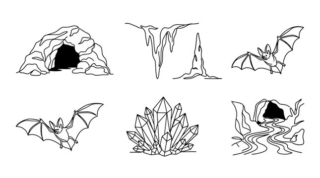 Collection of Cave Elements: Bats, Crystals, Stalactites, and Entrances - Black and White Line Art