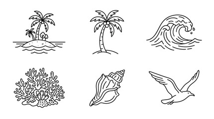 Minimalist Tropical Beach Icons: Island, Palm Tree, Wave, Coral, Shell, Seagull © shit