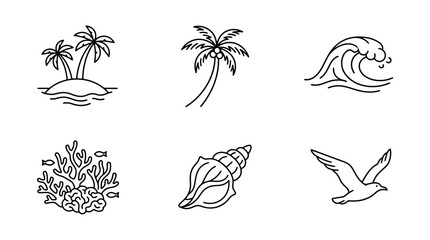 Tropical Island, Palm Trees, Ocean Wave, Coral, Seashell, Seagull - Line Art Icons © shit