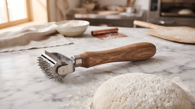 Dough docker on marble table. Professional pastry tool for baking bread.