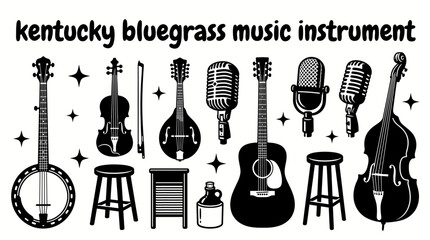 bluegrass music collection featuring banjo fiddle mandolin acoustic guitar upright bass vintage microphones wooden stools and traditional performance accessories arranged © samira