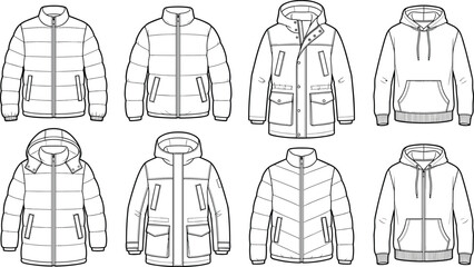 Naklejka premium Outerwear fashion technical sketch template set with winter jackets, puffers, and hoodies