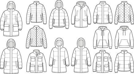Winter outerwear fashion technical sketch template set with parkas puffer jackets and hoodies © Md Atiar Rahman