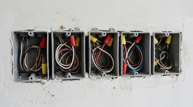 Electrical wiring setup with multiple rectangular junction boxes containing colorful copper cables and wire nuts on a white plastered wall surface