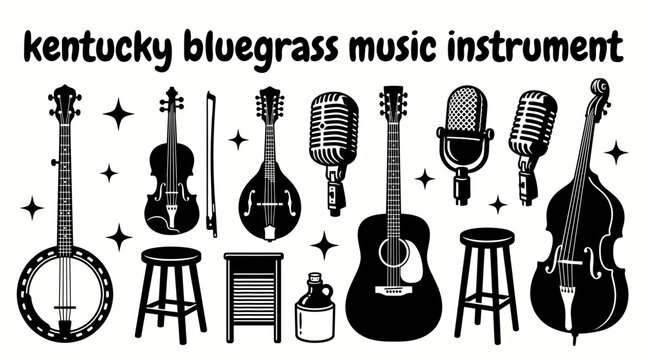 bluegrass music collection featuring banjo fiddle mandolin acoustic guitar upright bass vintage microphones wooden stools and traditional performance accessories arranged
