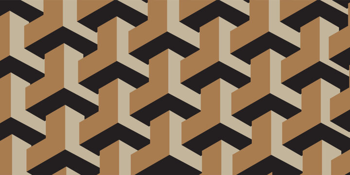 Abstract 3D isometric geometric seamless pattern backdrop. Brown, beige, and black interlocking blocks structure. Elegant vintage fabric textile texture design.