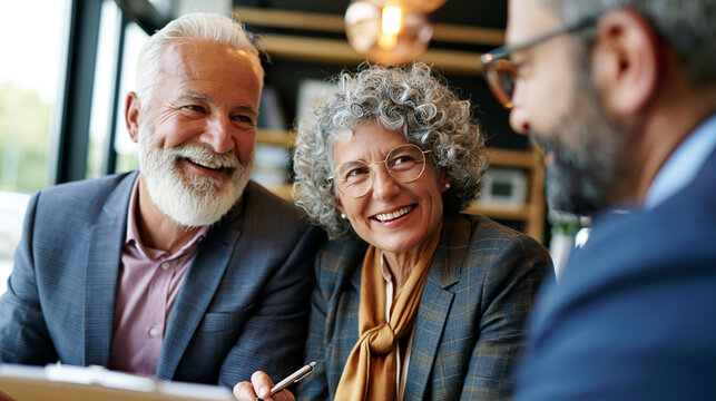 Mature couple meeting a financial advisor for investment and estate planning, with clean professional lighting and generous copy space, illustrating legal support, rights awareness, risk