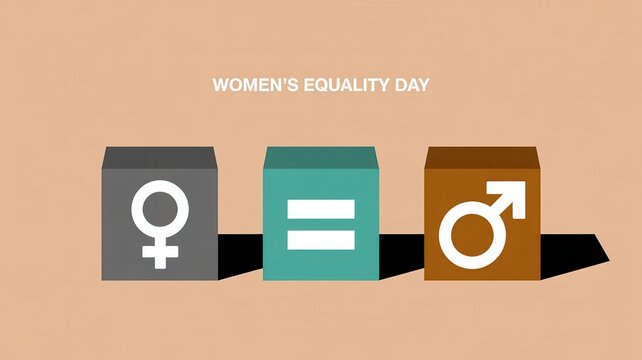 Women's Equality Day concept with male and female gender symbols and equals sign on a brown background.