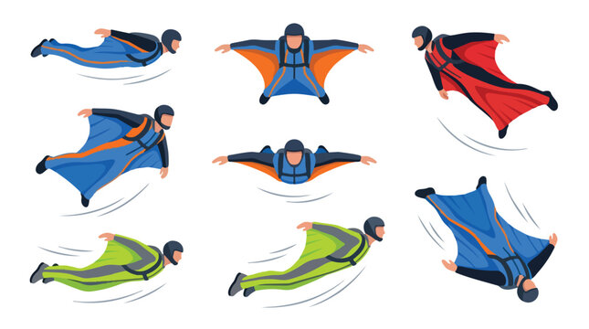 Set of skydivers wearing colorful wingsuits in various flight poses.