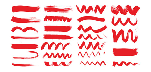 Fototapeta premium Collection of red vector paint brush strokes and artistic lines featuring bold hand-painted textures, expressive brush marks, and dynamic paint swashes, ideal for creative designs, banners, background