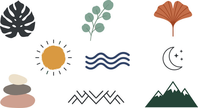 Boho Minimalist Nature Shapes Vector Element Set with Monstera Leaf, Sun, Wave, Moon, Mountains, Balanced Stones, and Botanical Ginkgo Sprigs