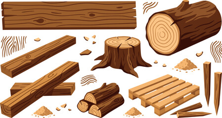 Wood Industry and Lumber Vector Set with Tree Trunk, Logs, Planks, Pallet, Tree Stump, and Sawdust Elements for Forestry Designs © Lota