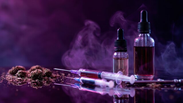 Syringes, dropper bottle, and cannabis bud on a reflective surface with purple smoke