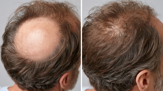 Split frame showing a clearly defined circular bald alopecia areata patch versus the same area filled with regrown hair.
