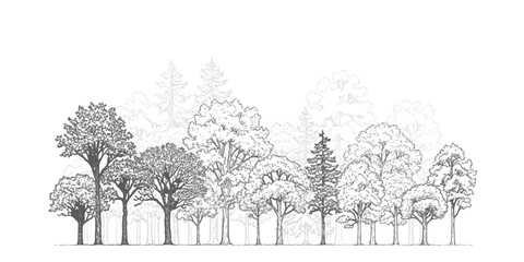 Black and white sketch of a forest line with various different deciduous and coniferous trees ©  Designer