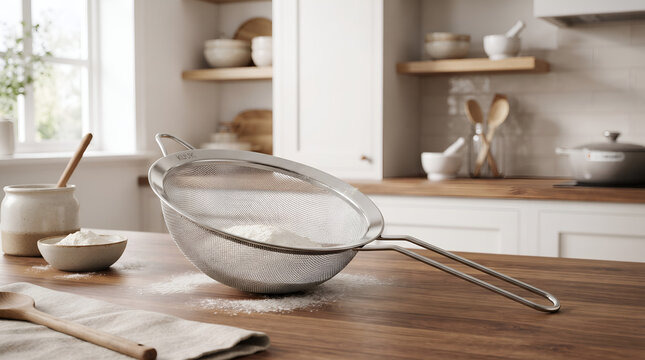 Metal sieve on walnut countertop. Kitchen strainer for baking prep.