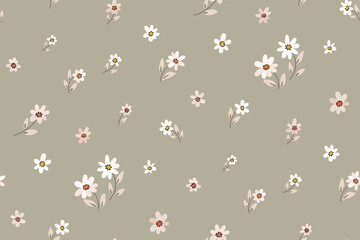 Fototapeta premium Seamless floral pattern, liberty ditsy print in delicate neutral colors. Cute botanical pattern of small hand drawn daisy flowers, tiny leaves, mini simple plants on green field. Vector illustration.