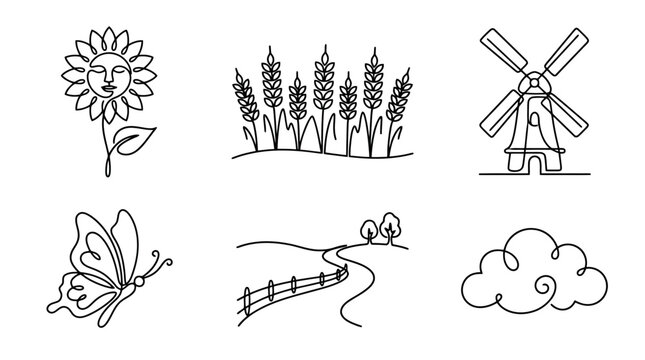 Continuous Line Art: Sunflower, Wheat, Windmill, Butterfly, Landscape, Cloud Icons