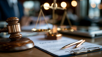 Obraz premium Conceptual justice composition with gavel, scales and legal documents, document-focused composition with signature areas, pens and agreement details in crisp focus, illustrating legal