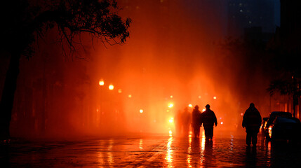 Fototapeta premium People walking through a smoke filled city street glowing orange from a raging urban fire disaster and emergency concept
