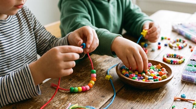 Childrens Hands Creating Colorful Beaded Bracelets and Necklaces on a Wooden Table
