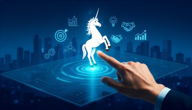 A businessman touches a glowing holographic unicorn on a digital tablet, symbolizing startup success surrounded by growth icons.