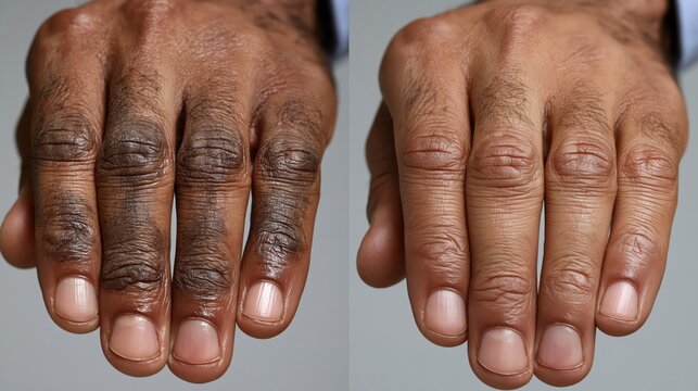 Split frame showing dark hyperpigmented brown knuckle patches versus uniformly even-toned skin across the knuckles.